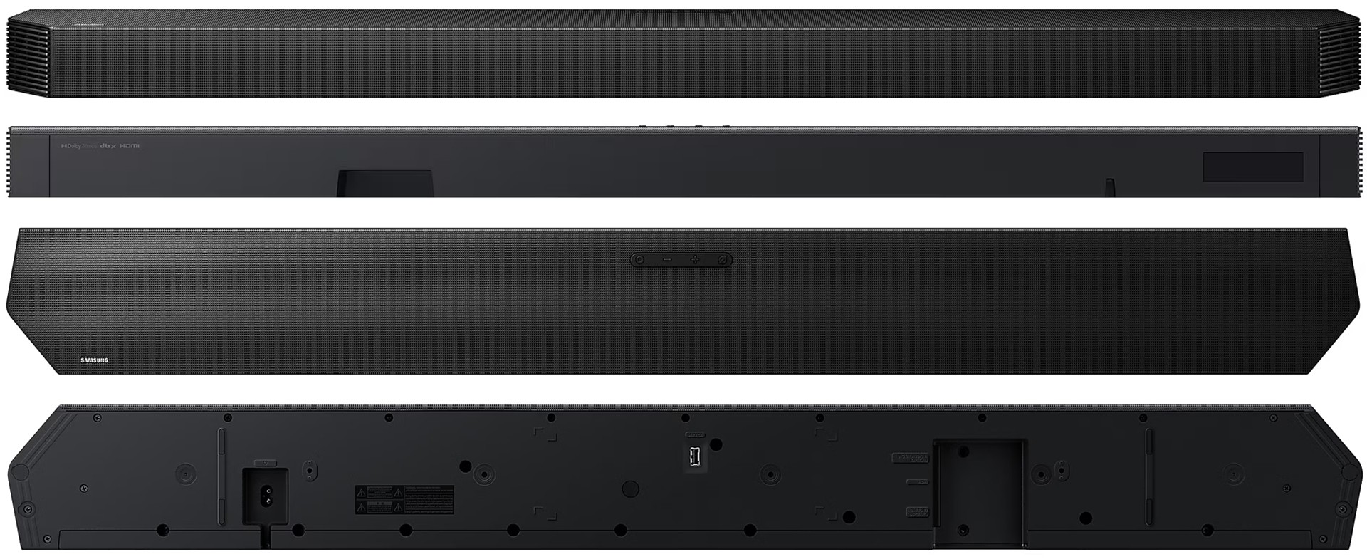 Its minimalist design, similar in appearance to the HW-Q800D , features a low profile, clean lines on the beveled sides, and a subtle Samsung logo on the top left. 