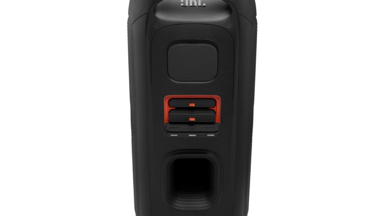 The back of the Blueooth PartyBox 720 speaker has three flaps that cover some key components. 
